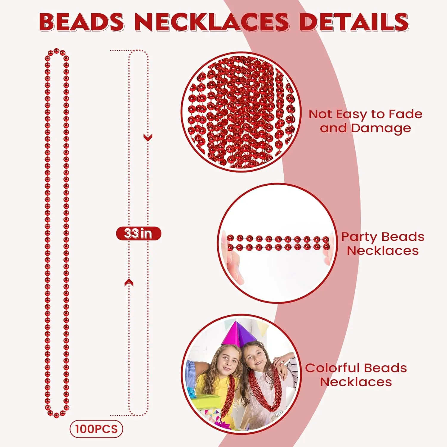 100 PCS Red Mardi Gras Beads, Red Beads Necklaces Christmas Necklaces 33" Metallic Beaded Costume Necklaces Party Necklaces for Valentines Christmas Parade Throws Wedding Birthday Party Favors