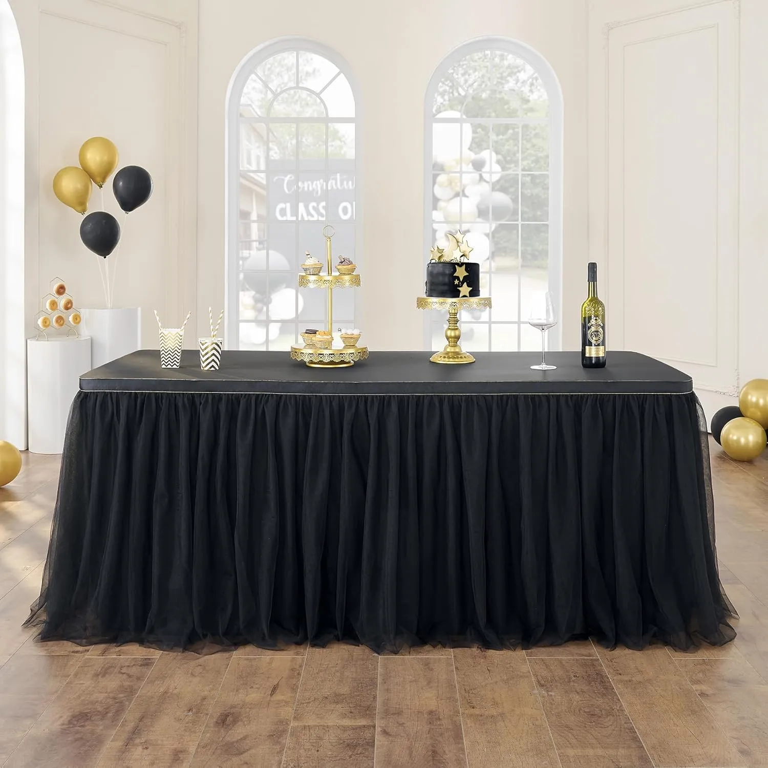 108in Black Tulle Table Skirts for Rectangle Tables 4/6/8ft, 2-Layer Gold Grim Ruffle Tulle Tutu Cloth Table Skirt 9ft Long Decor Birthday Party Wedding Graduation Cake Dessert(No Table Cover)