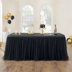 108in Black Tulle Table Skirts for Rectangle Tables 4/6/8ft, 2-Layer Gold Grim Ruffle Tulle Tutu Cloth Table Skirt 9ft Long Decor Birthday Party Wedding Graduation Cake Dessert(No Table Cover)