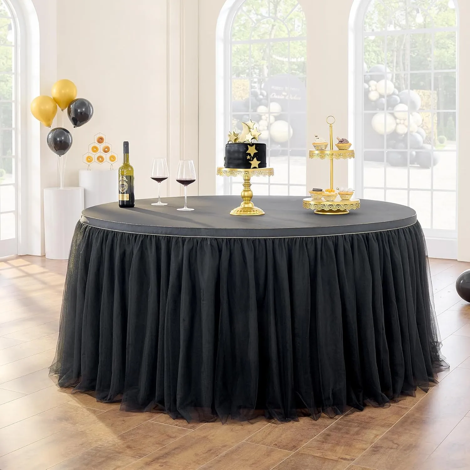 108in Black Tulle Table Skirts for Rectangle Tables 4/6/8ft, 2-Layer Gold Grim Ruffle Tulle Tutu Cloth Table Skirt 9ft Long Decor Birthday Party Wedding Graduation Cake Dessert(No Table Cover)