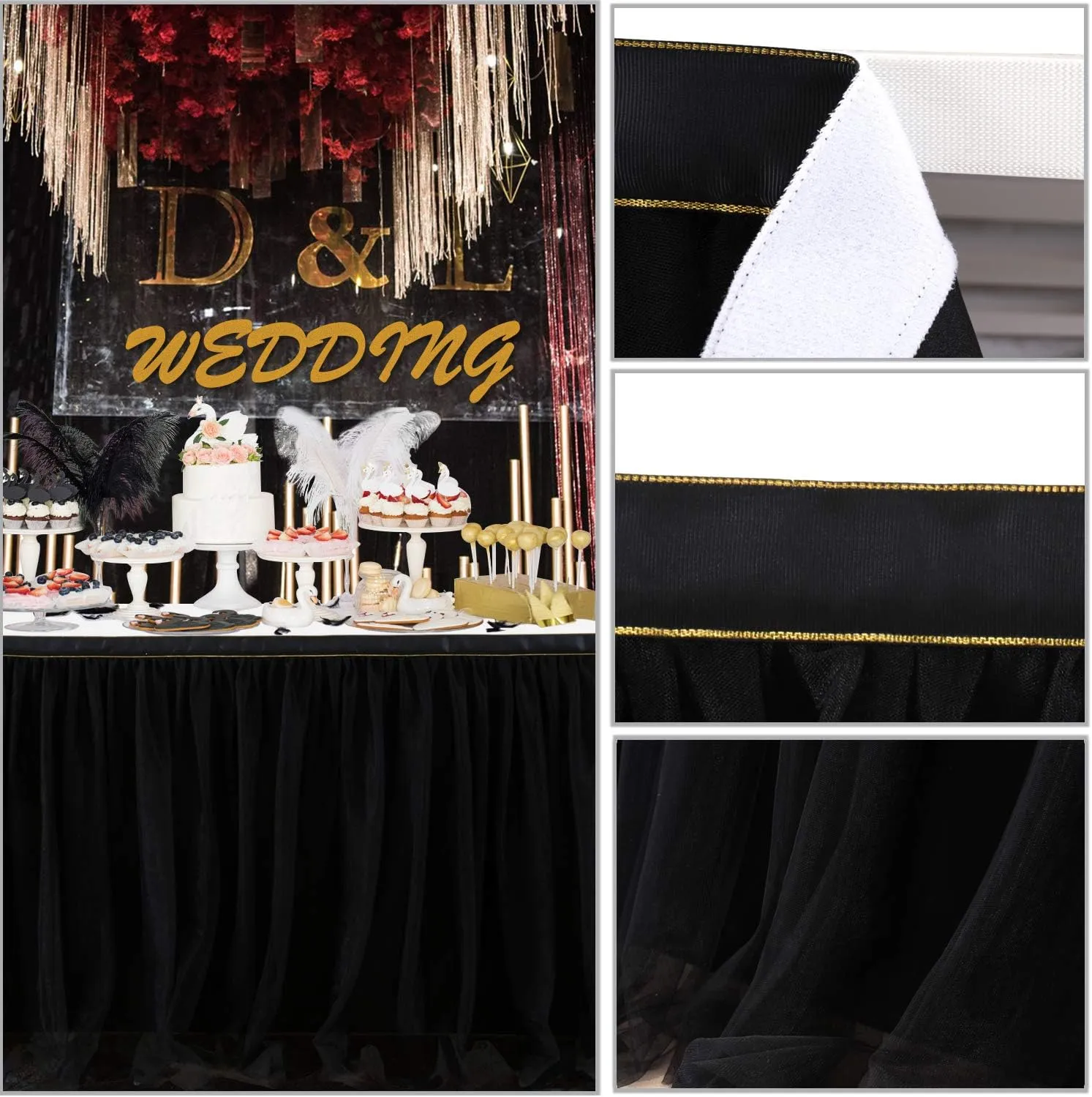 108in Black Tulle Table Skirts for Rectangle Tables 4/6/8ft, 2-Layer Gold Grim Ruffle Tulle Tutu Cloth Table Skirt 9ft Long Decor Birthday Party Wedding Graduation Cake Dessert(No Table Cover)