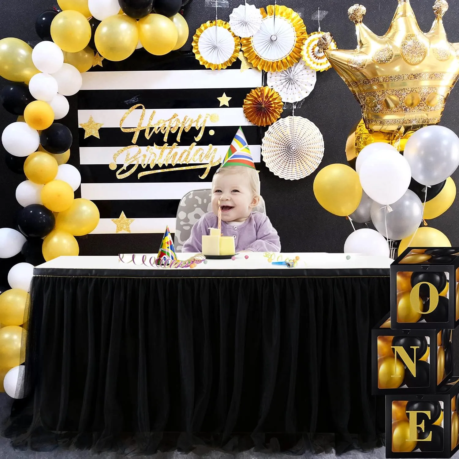 108in Black Tulle Table Skirts for Rectangle Tables 4/6/8ft, 2-Layer Gold Grim Ruffle Tulle Tutu Cloth Table Skirt 9ft Long Decor Birthday Party Wedding Graduation Cake Dessert(No Table Cover)