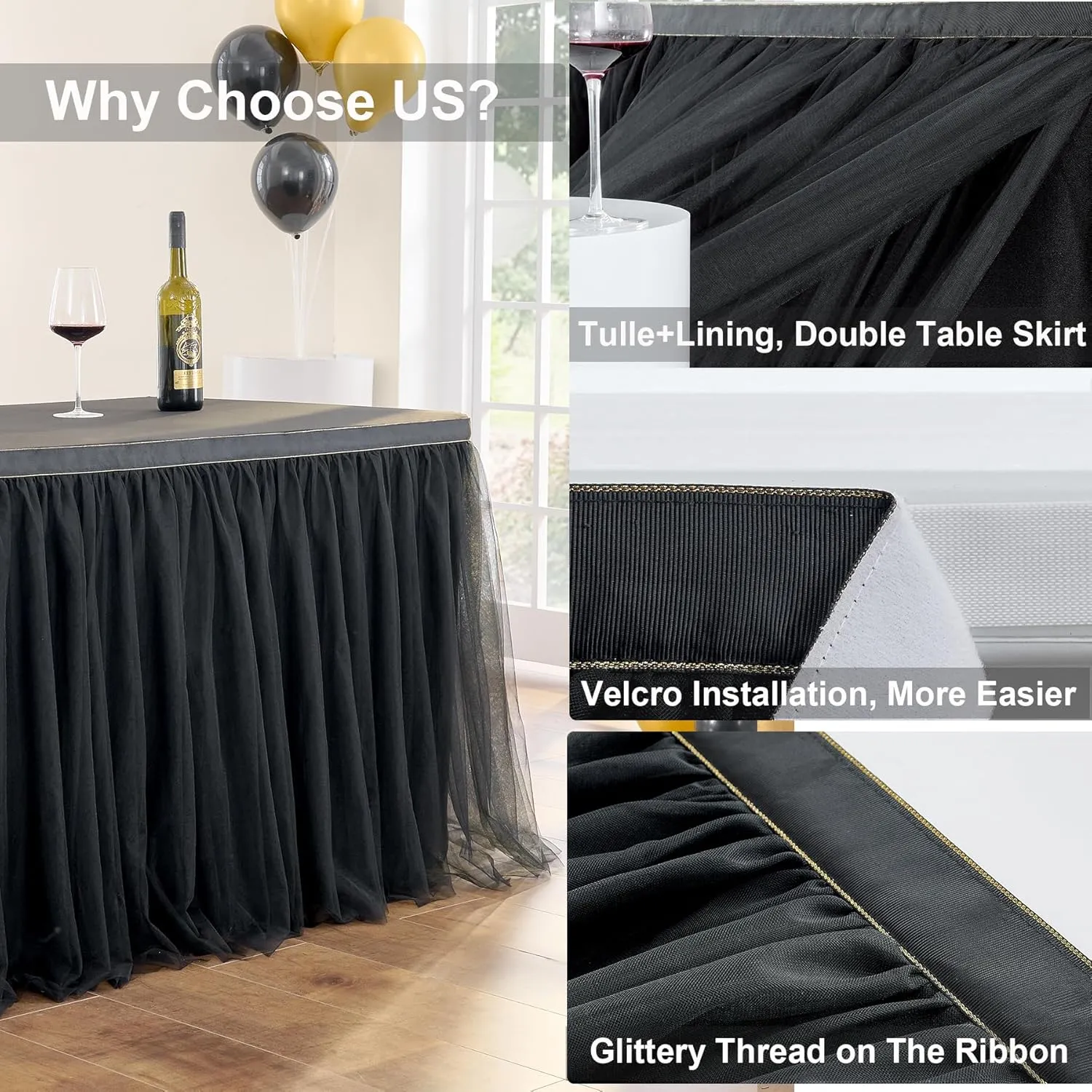 108in Black Tulle Table Skirts for Rectangle Tables 4/6/8ft, 2-Layer Gold Grim Ruffle Tulle Tutu Cloth Table Skirt 9ft Long Decor Birthday Party Wedding Graduation Cake Dessert(No Table Cover)