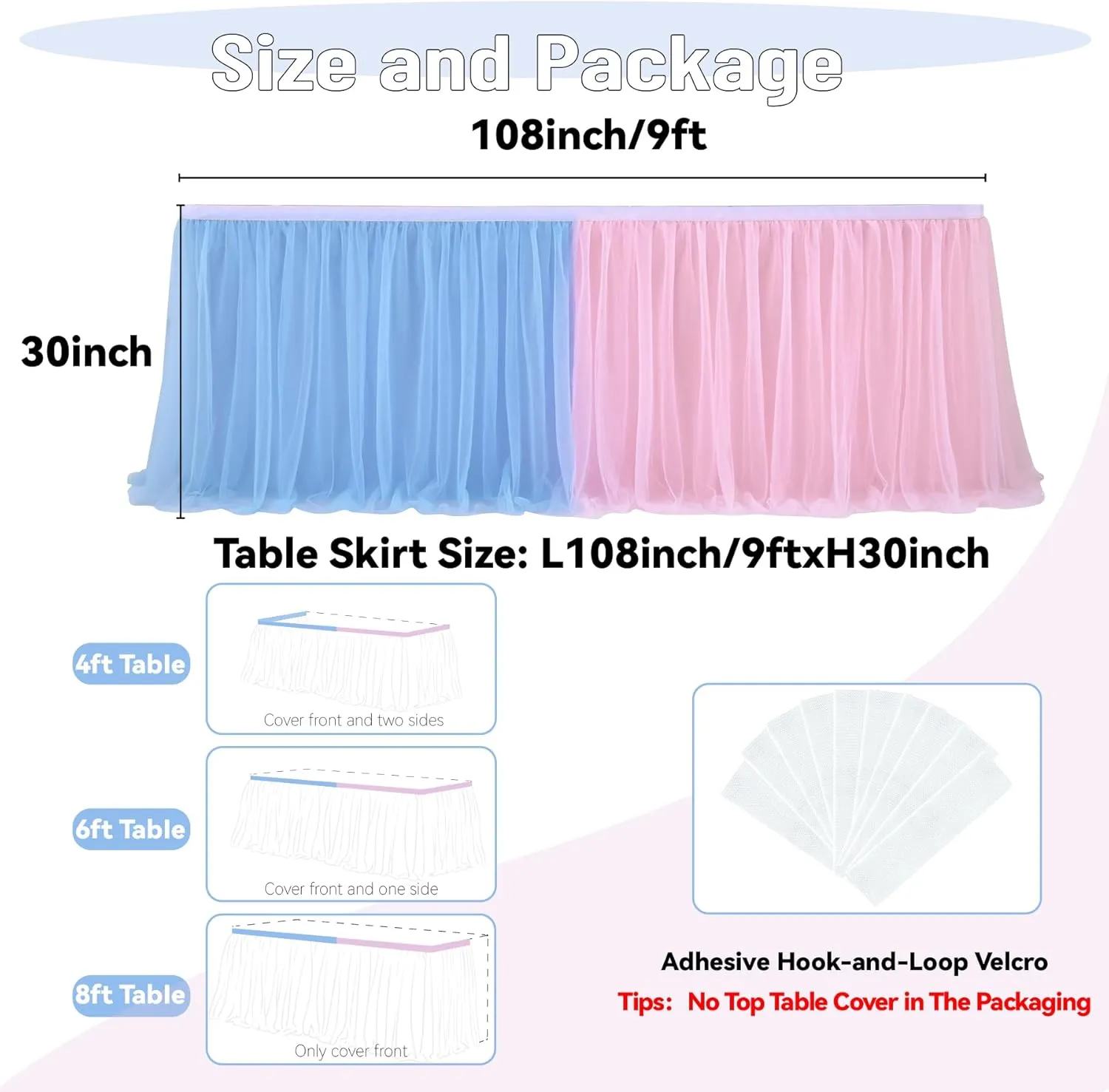 108in Blue Pink Tulle Table Skirts for Rectangle Tables 6/8/4ft, 2-Layer Gold Grim Ruffle Gender Reveal Tulle Tutu Cloth Table Skirt 9ft for Birthday Party Baby Shower Cake Dessert(No Table Cover)