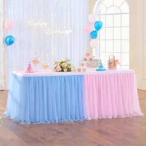 108in Blue Pink Tulle Table Skirts for Rectangle Tables 6/8/4ft, 2-Layer Gold Grim Ruffle Gender Reveal Tulle Tutu Cloth Table Skirt 9ft for Birthday Party Baby Shower Cake Dessert(No Table Cover)