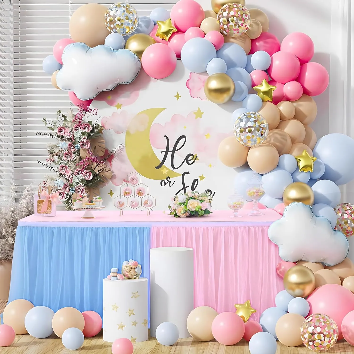 108in Blue Pink Tulle Table Skirts for Rectangle Tables 6/8/4ft, 2-Layer Gold Grim Ruffle Gender Reveal Tulle Tutu Cloth Table Skirt 9ft for Birthday Party Baby Shower Cake Dessert(No Table Cover)