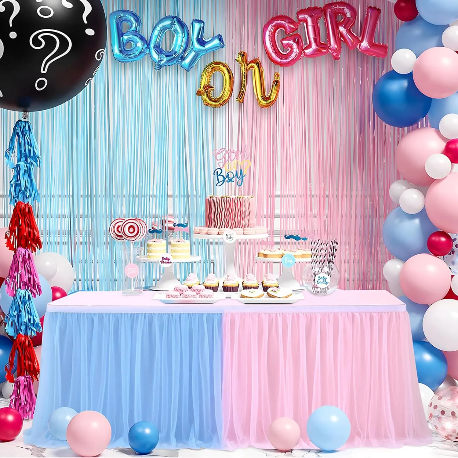 108in Blue Pink Tulle Table Skirts for Rectangle Tables 6/8/4ft, 2-Layer Gold Grim Ruffle Gender Reveal Tulle Tutu Cloth Table Skirt 9ft for Birthday Party Baby Shower Cake Dessert(No Table Cover)