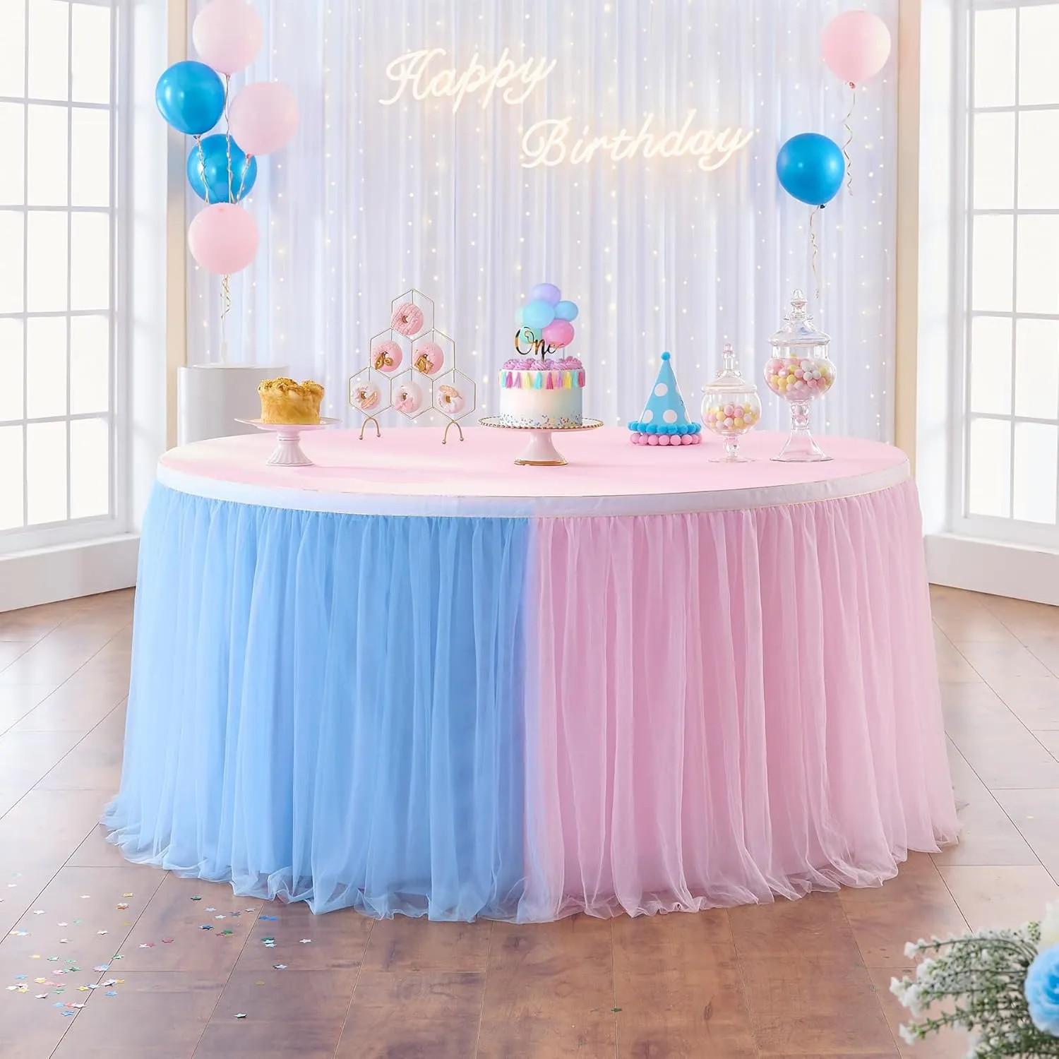 108in Blue Pink Tulle Table Skirts for Rectangle Tables 6/8/4ft, 2-Layer Gold Grim Ruffle Gender Reveal Tulle Tutu Cloth Table Skirt 9ft for Birthday Party Baby Shower Cake Dessert(No Table Cover)