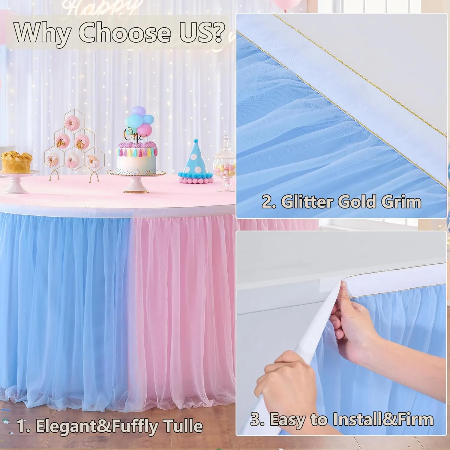 108in Blue Pink Tulle Table Skirts for Rectangle Tables 6/8/4ft, 2-Layer Gold Grim Ruffle Gender Reveal Tulle Tutu Cloth Table Skirt 9ft for Birthday Party Baby Shower Cake Dessert(No Table Cover)
