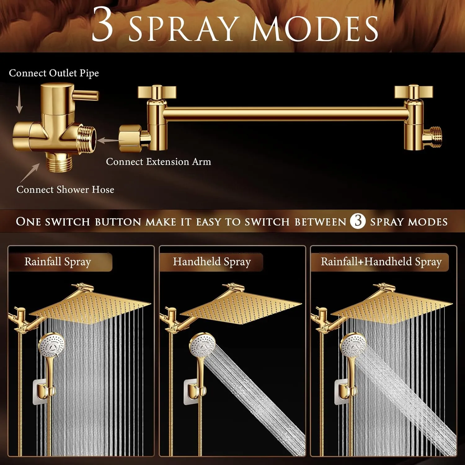 12'' Shower Head with Handheld, High Pressure Rainfall Shower Head Combo with 11'' Adjustable Extension Arm, 5 Setting Hand Held Shower Head with 60 Inch Shower Hose. Anti-Leak (Gold)
