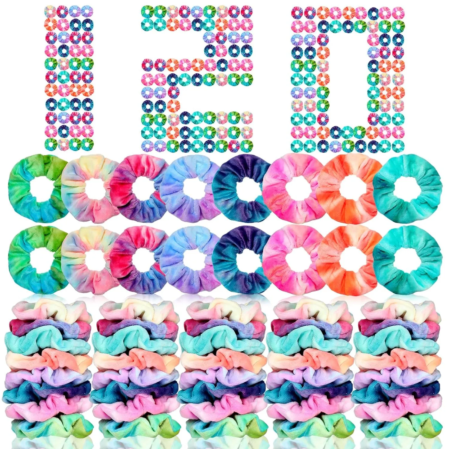 120 Pcs Velvet Scrunchies for Women Scrunchies Bulk Soft Elastic Scrunchy Hair Ties Cute Hairbands and Ponytail Holders Hair Accessories for Women(Tie Dye)