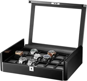 18-Slot Watch Box Organizer for Men, Carbon Fiber PU Leather, Glass Top, Fits Smart Wrist Watches, Removable Pillows