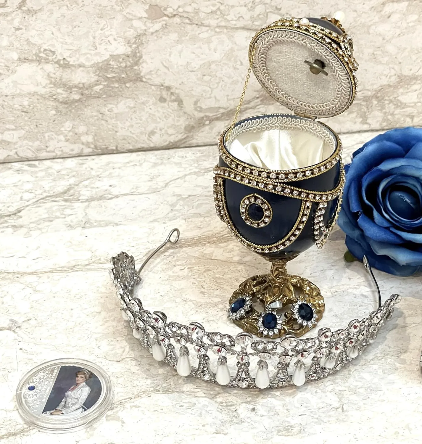 1981 ONE of a Kind Princess Diana Sapphire Blue Faberge egg style Jewelry Trinket Box Silk Interior Hand lined MUSICAL Fabergé egg   Lady Diana Silver Coin   Spencer Tiara Glamour Grace Elegance gift