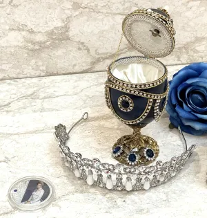 1981 ONE of a Kind Princess Diana Sapphire Blue Faberge egg style Jewelry Trinket Box Silk Interior Hand lined MUSICAL Fabergé egg   Lady Diana Silver Coin   Spencer Tiara Glamour Grace Elegance gift