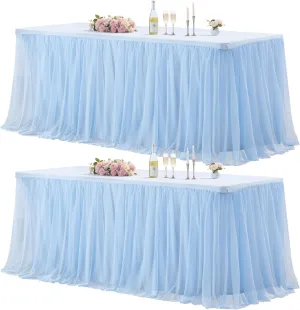 2 Pack Baby Blue Tulle Table Cloth for 6 Foot Rectangle Tables, Wrinkle Free Stretch Fitted Tablecloths Baby Shower Tutu Skirt Ruffle Table Cover for Boy Birthday Gender Reveal Ocean Party