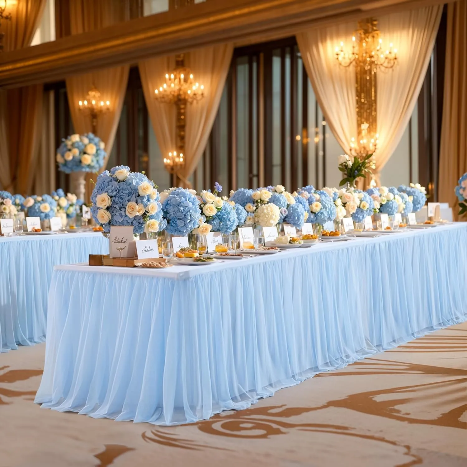 2 Pack Baby Blue Tulle Table Cloth for 6 Foot Rectangle Tables, Wrinkle Free Stretch Fitted Tablecloths Baby Shower Tutu Skirt Ruffle Table Cover for Boy Birthday Gender Reveal Ocean Party