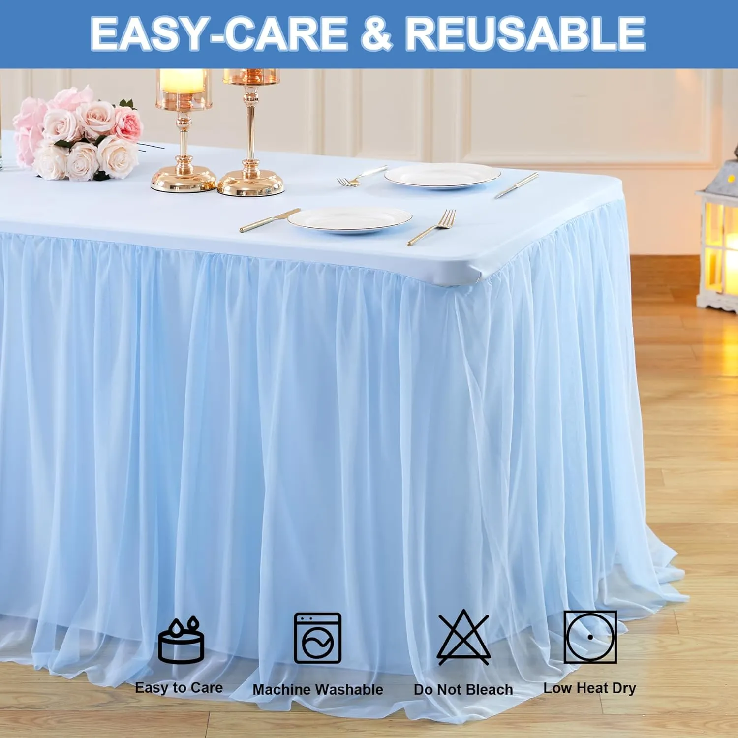 2 Pack Baby Blue Tulle Table Cloth for 6 Foot Rectangle Tables, Wrinkle Free Stretch Fitted Tablecloths Baby Shower Tutu Skirt Ruffle Table Cover for Boy Birthday Gender Reveal Ocean Party