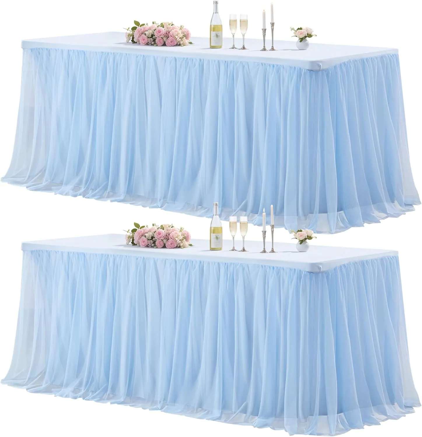 2 Pack Baby Blue Tulle Table Cloth for 6 Foot Rectangle Tables, Wrinkle Free Stretch Fitted Tablecloths Baby Shower Tutu Skirt Ruffle Table Cover for Boy Birthday Gender Reveal Ocean Party