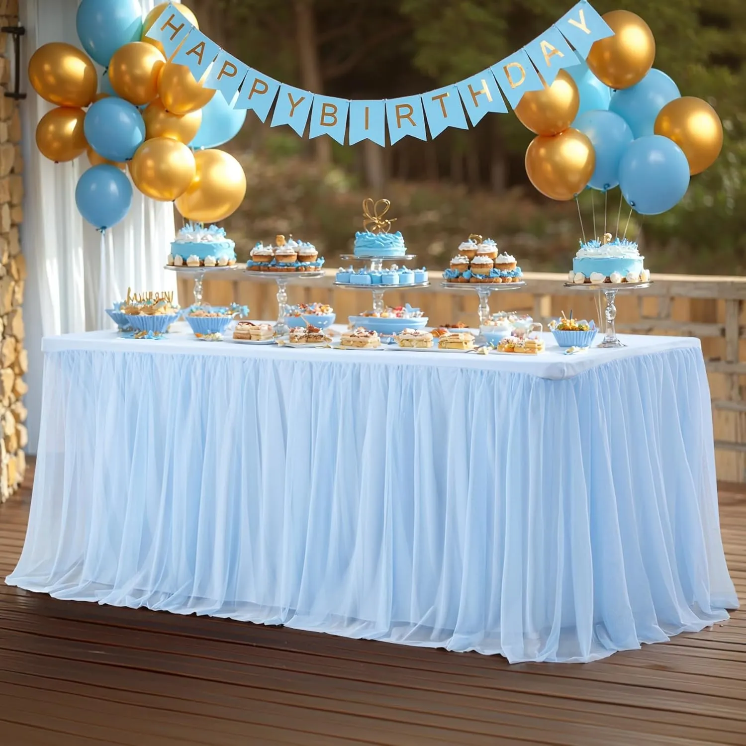 2 Pack Baby Blue Tulle Table Cloth for 6 Foot Rectangle Tables, Wrinkle Free Stretch Fitted Tablecloths Baby Shower Tutu Skirt Ruffle Table Cover for Boy Birthday Gender Reveal Ocean Party