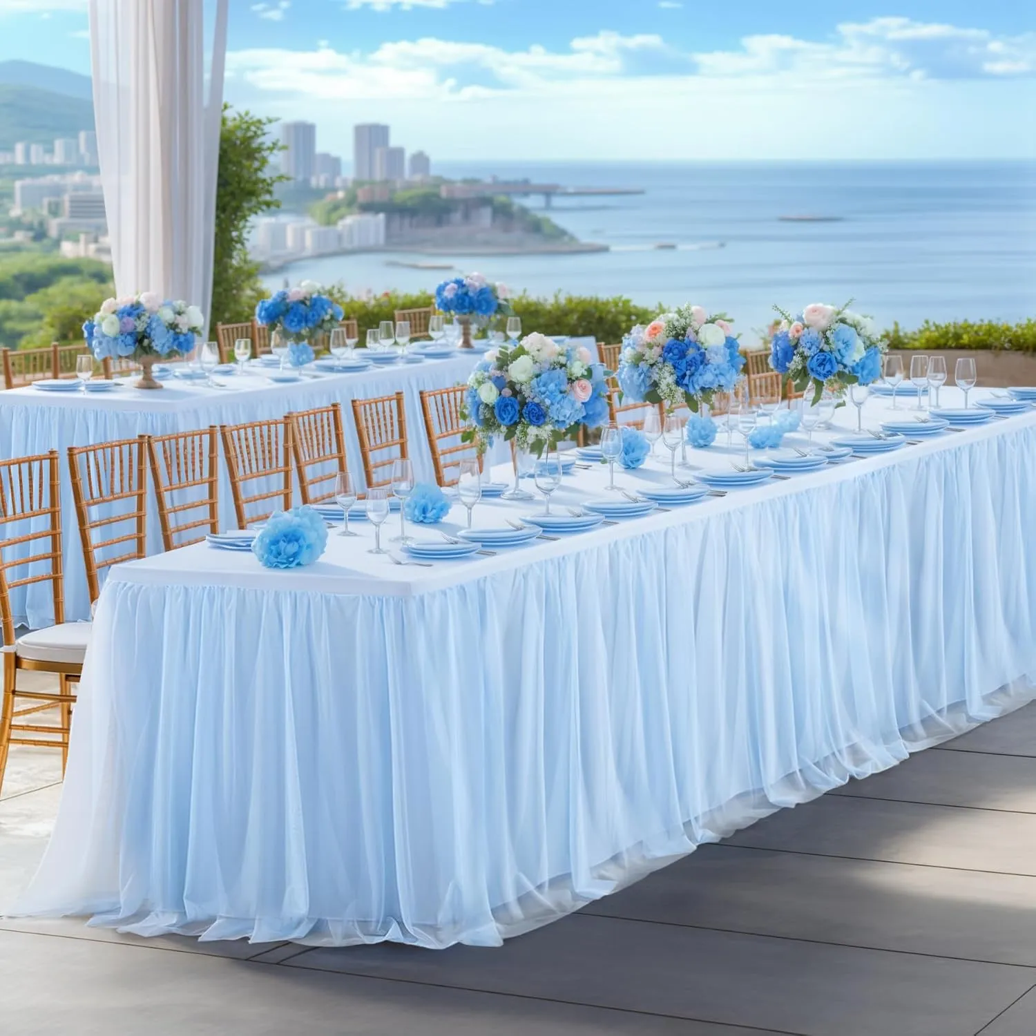 2 Pack Baby Blue Tulle Table Cloth for 6 Foot Rectangle Tables, Wrinkle Free Stretch Fitted Tablecloths Baby Shower Tutu Skirt Ruffle Table Cover for Boy Birthday Gender Reveal Ocean Party