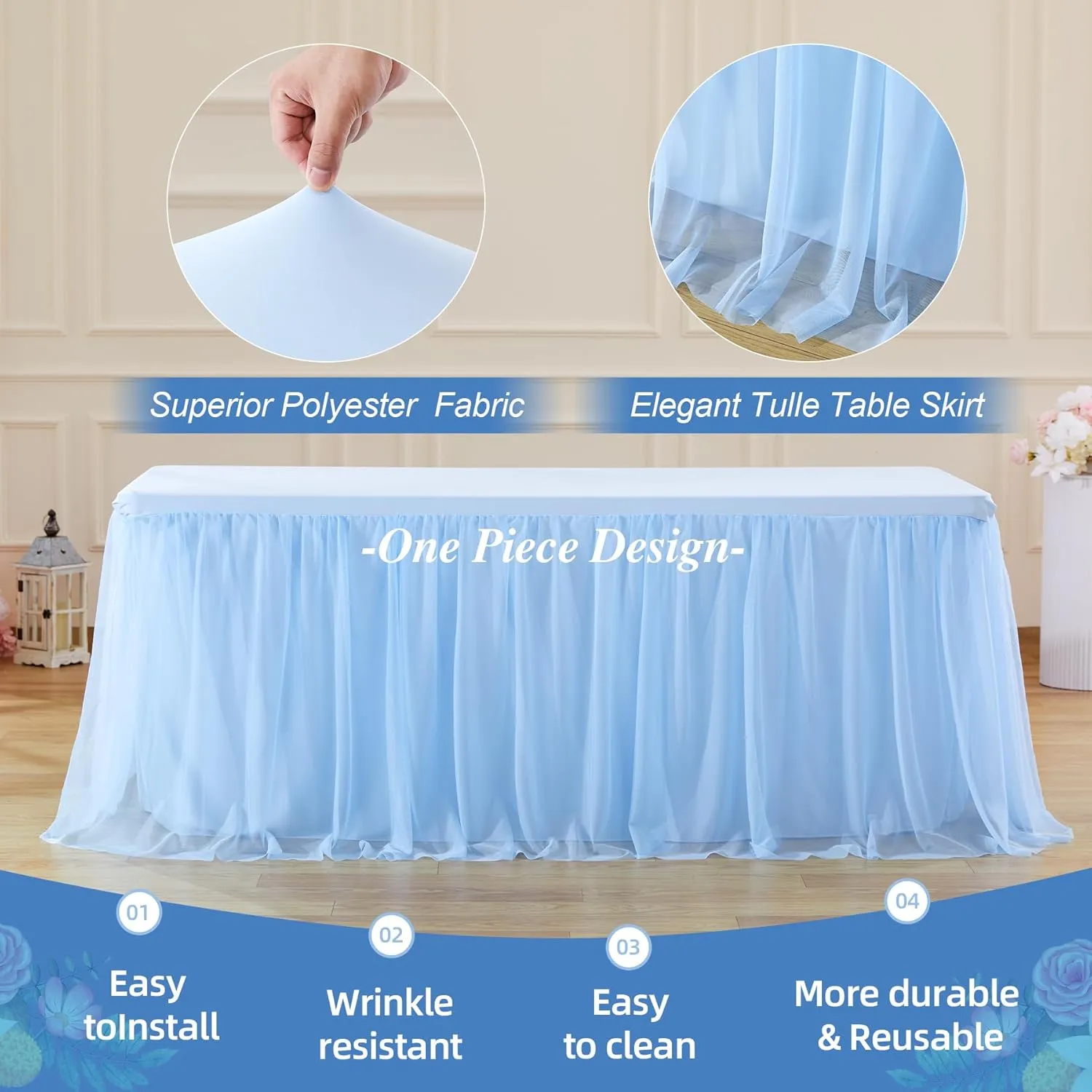 2 Pack Baby Blue Tulle Table Cloth for 6 Foot Rectangle Tables, Wrinkle Free Stretch Fitted Tablecloths Baby Shower Tutu Skirt Ruffle Table Cover for Boy Birthday Gender Reveal Ocean Party