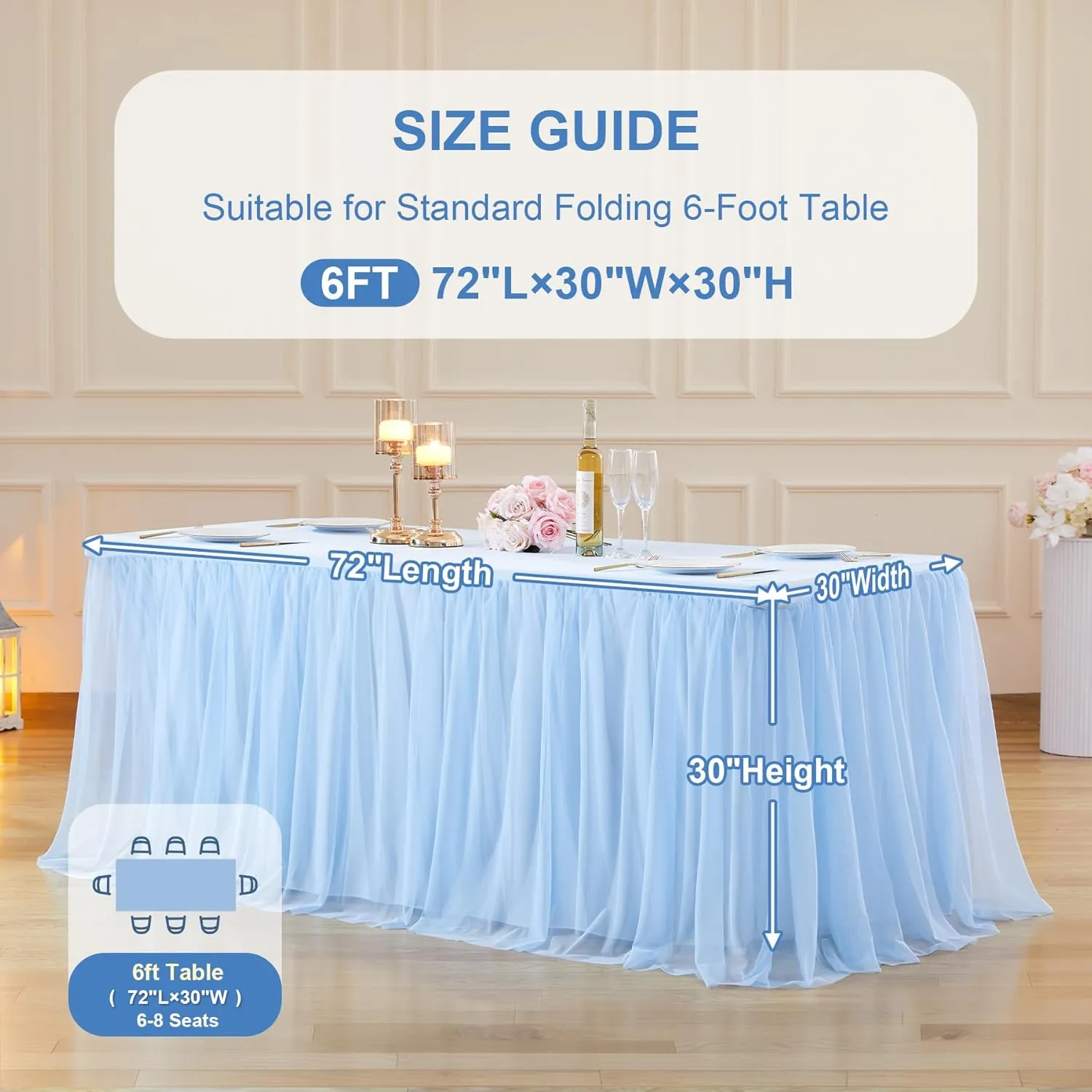 2 Pack Baby Blue Tulle Table Cloth for 6 Foot Rectangle Tables, Wrinkle Free Stretch Fitted Tablecloths Baby Shower Tutu Skirt Ruffle Table Cover for Boy Birthday Gender Reveal Ocean Party