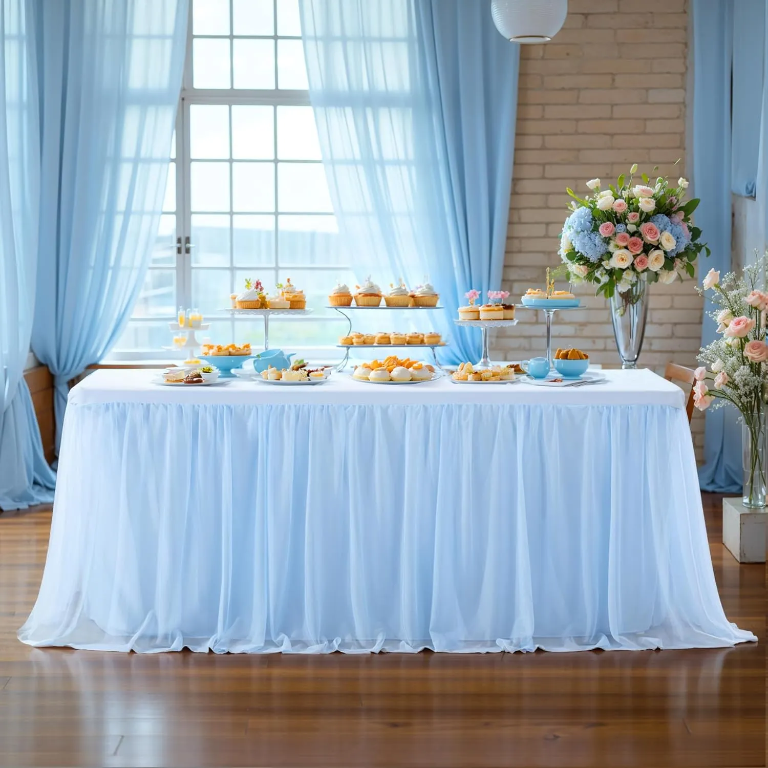2 Pack Baby Blue Tulle Table Cloth for 6 Foot Rectangle Tables, Wrinkle Free Stretch Fitted Tablecloths Baby Shower Tutu Skirt Ruffle Table Cover for Boy Birthday Gender Reveal Ocean Party