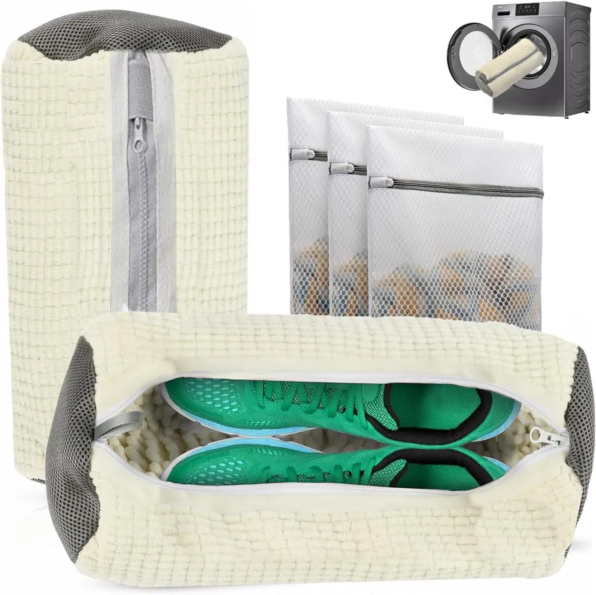 2 Pack Shoe Washing Machine Bags with 3 Mesh Laundry Bag for Washer and Dryer, Invisible Zipper Side Opening, Reusable Washing Bag for Sneakers, Running Shoes, Sock and Toys