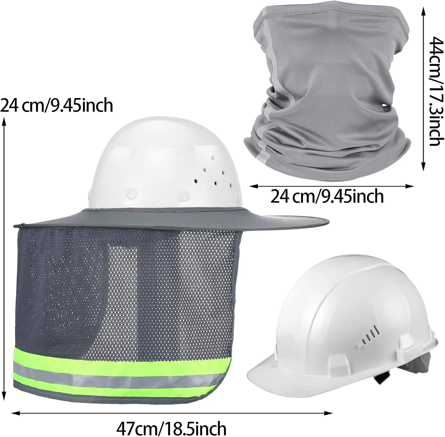 2 Pcs Sun Hard Hat Neck Protection High Visibility Full Brim Mesh Sun Protection and Neck Gaiter Bandana Face Scarf for Hard Hat Accessories, Reflective (Grey)