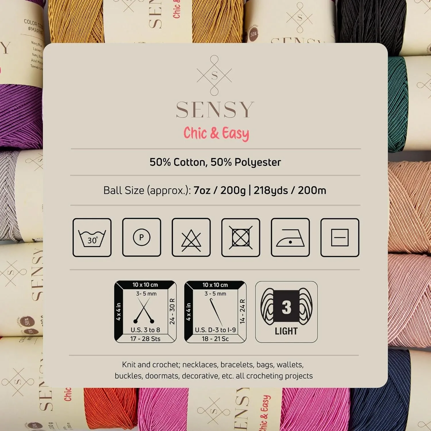 2 Skeins of Sensy Premium Chic & Easy 1.5mm 218 Yards 50% Cotton 50% Polyester Rope Crochet Bag Cord Crochet Thread (Black)