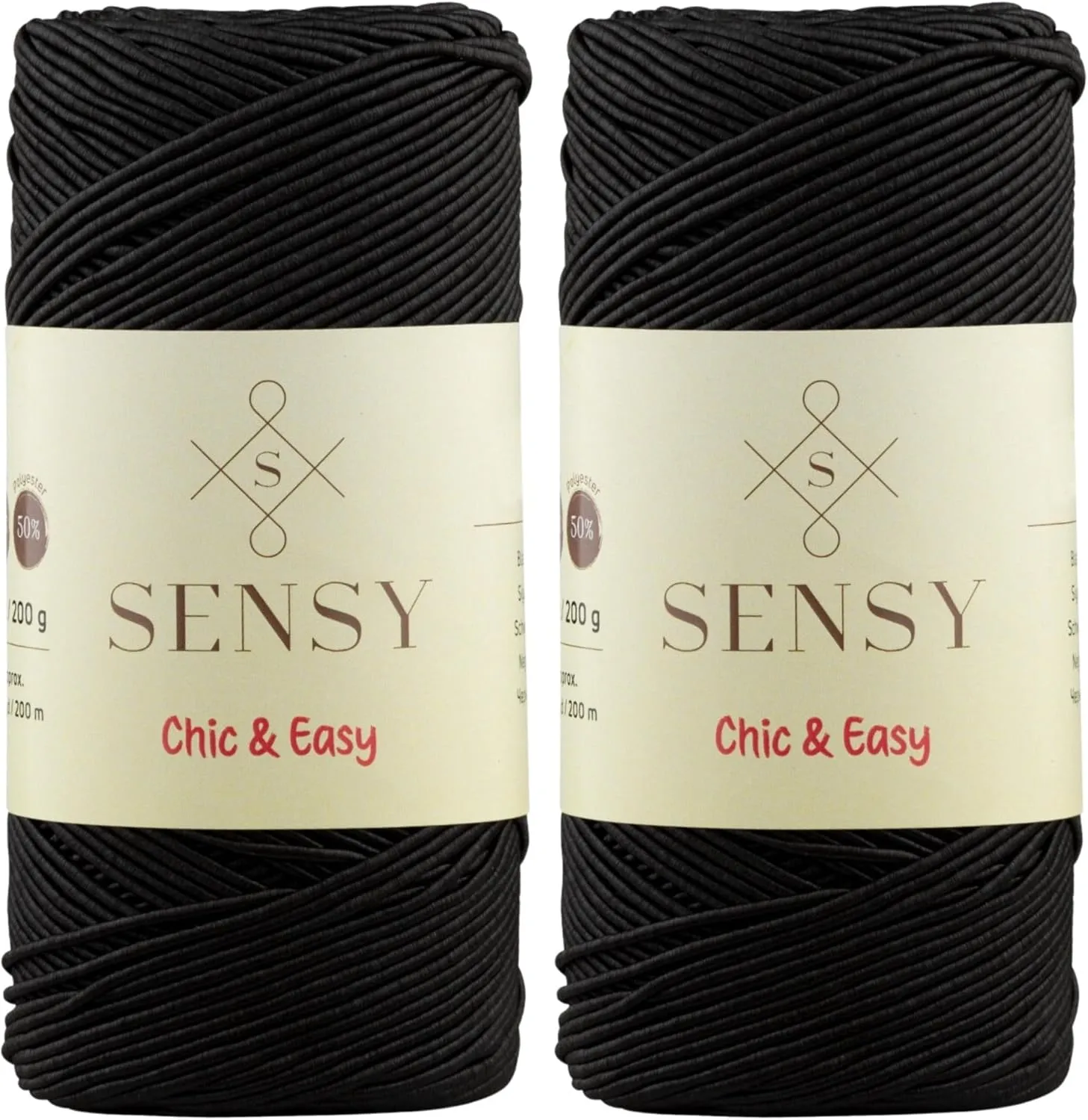 2 Skeins of Sensy Premium Chic & Easy 1.5mm 218 Yards 50% Cotton 50% Polyester Rope Crochet Bag Cord Crochet Thread (Black)