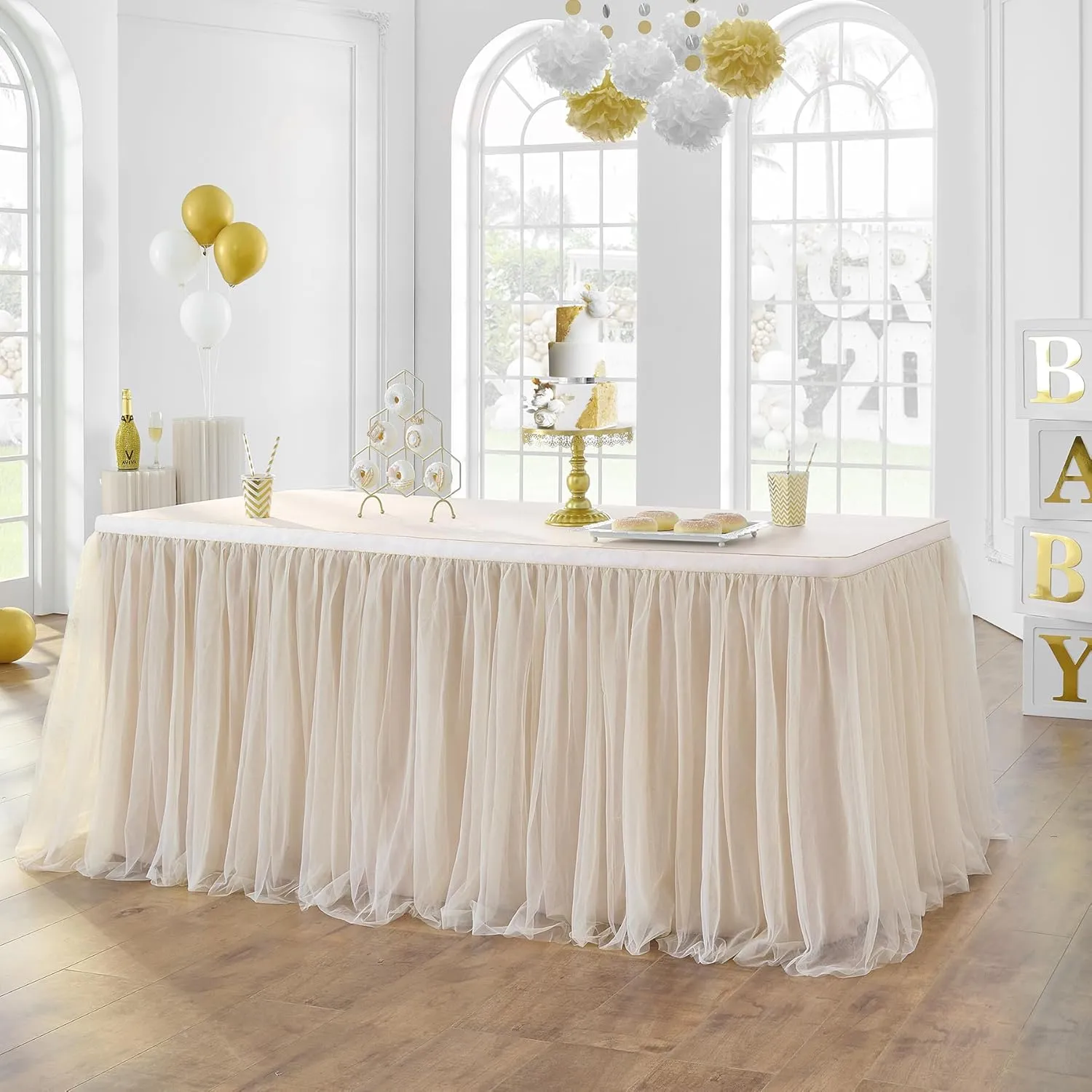 204in Champagne Gold Tulle Table Skirts for Rectangle Tables 8ft 6ft, 2-Layer Beige Ruffle Tulle Tutu Cloth Table Skirt 17ft for Wedding Party Birthday Baby Shower Cake Dessert(No Table Cover)