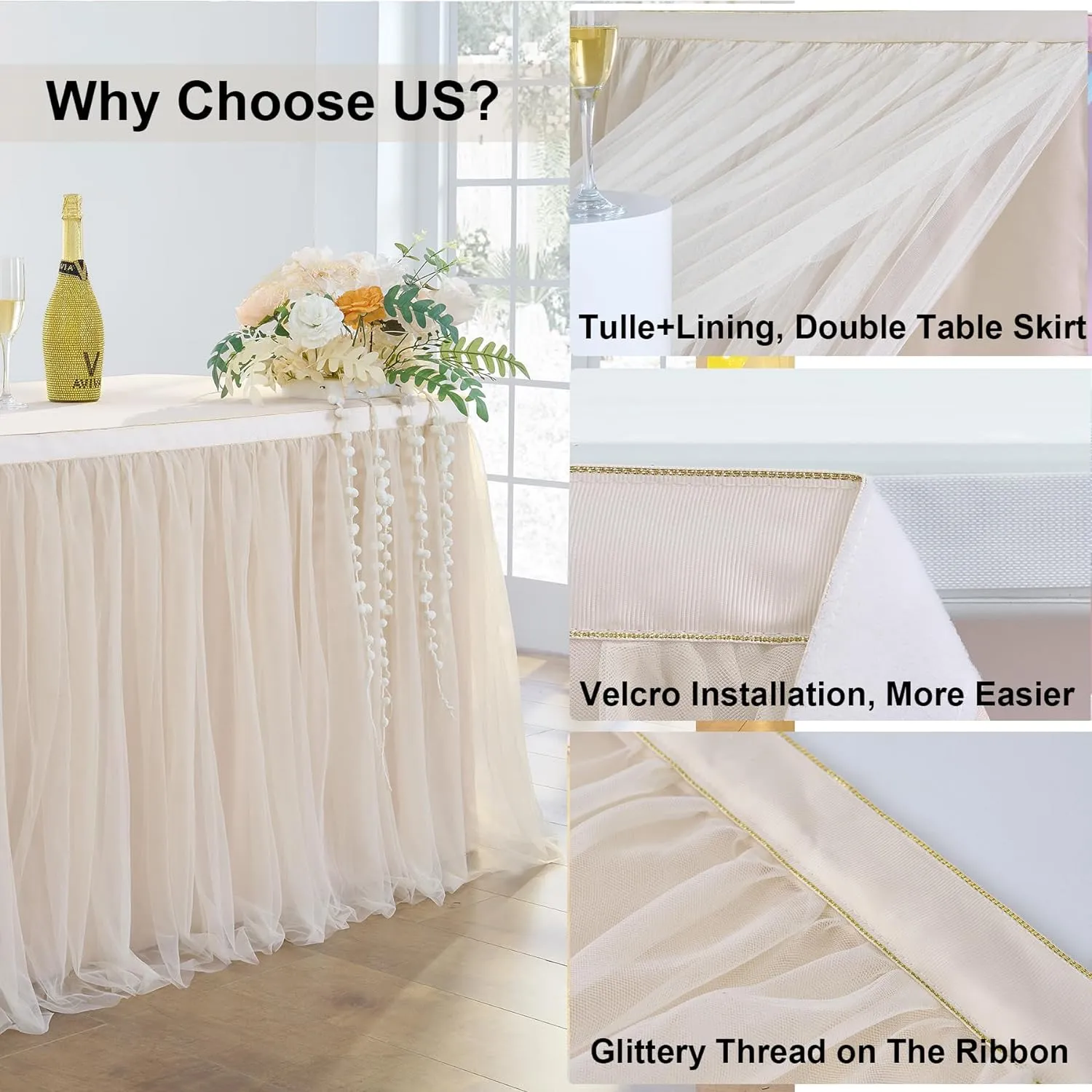 204in Champagne Gold Tulle Table Skirts for Rectangle Tables 8ft 6ft, 2-Layer Beige Ruffle Tulle Tutu Cloth Table Skirt 17ft for Wedding Party Birthday Baby Shower Cake Dessert(No Table Cover)