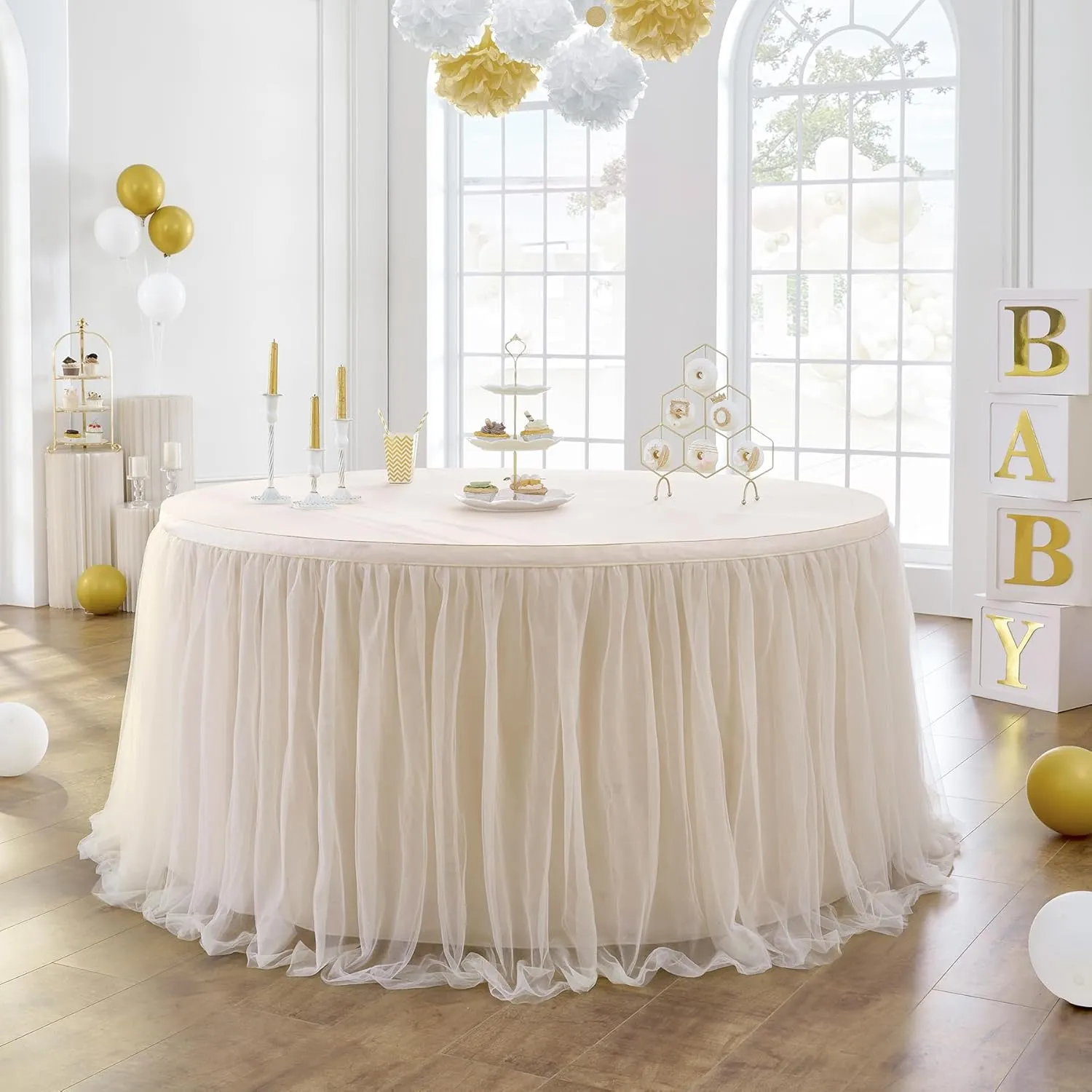 204in Champagne Gold Tulle Table Skirts for Rectangle Tables 8ft 6ft, 2-Layer Beige Ruffle Tulle Tutu Cloth Table Skirt 17ft for Wedding Party Birthday Baby Shower Cake Dessert(No Table Cover)