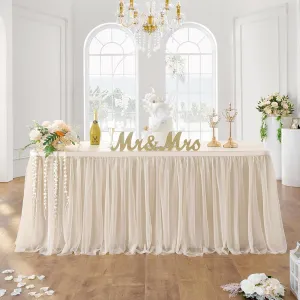 204in Champagne Gold Tulle Table Skirts for Rectangle Tables 8ft 6ft, 2-Layer Beige Ruffle Tulle Tutu Cloth Table Skirt 17ft for Wedding Party Birthday Baby Shower Cake Dessert(No Table Cover)