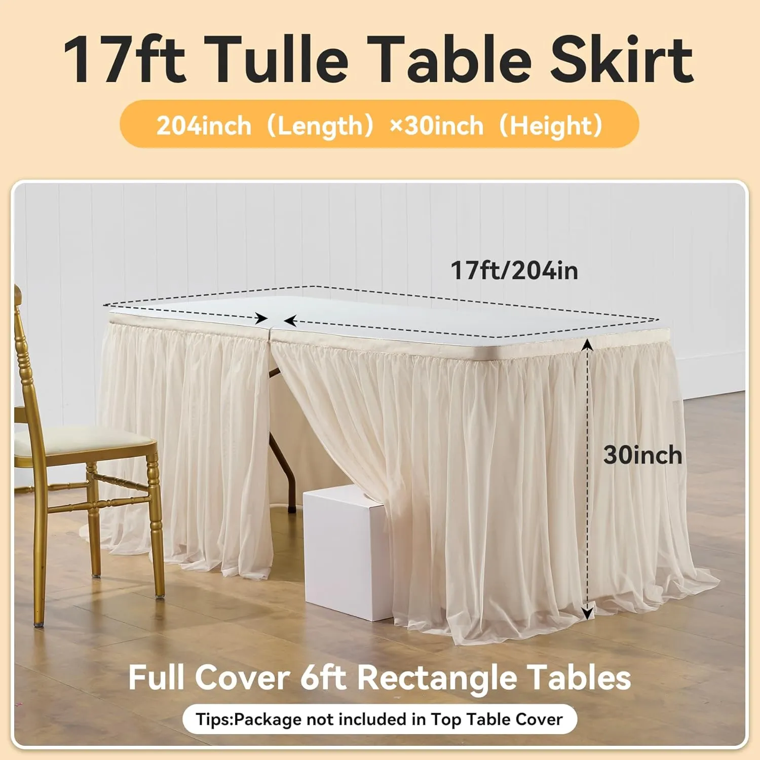 204in Champagne Gold Tulle Table Skirts for Rectangle Tables 8ft 6ft, 2-Layer Beige Ruffle Tulle Tutu Cloth Table Skirt 17ft for Wedding Party Birthday Baby Shower Cake Dessert(No Table Cover)