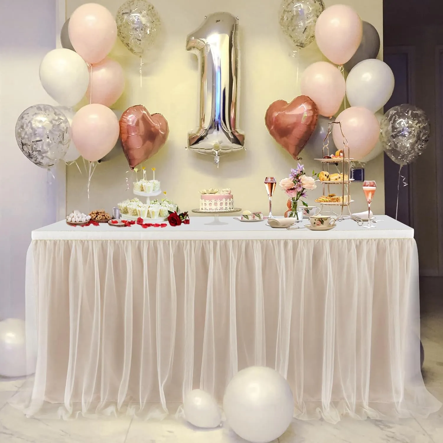 204in Champagne Gold Tulle Table Skirts for Rectangle Tables 8ft 6ft, 2-Layer Beige Ruffle Tulle Tutu Cloth Table Skirt 17ft for Wedding Party Birthday Baby Shower Cake Dessert(No Table Cover)