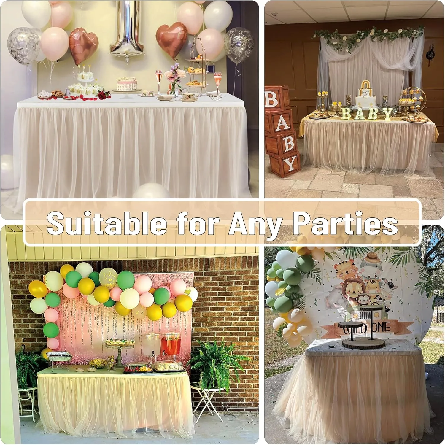 204in Champagne Gold Tulle Table Skirts for Rectangle Tables 8ft 6ft, 2-Layer Beige Ruffle Tulle Tutu Cloth Table Skirt 17ft for Wedding Party Birthday Baby Shower Cake Dessert(No Table Cover)