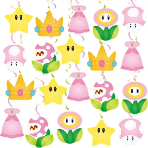 20pc Princess Peach Hanging Swirls, Pink/Yellow Cartoon Ceiling Streamers for Girl/Mario Party & Baby Shower Decor
