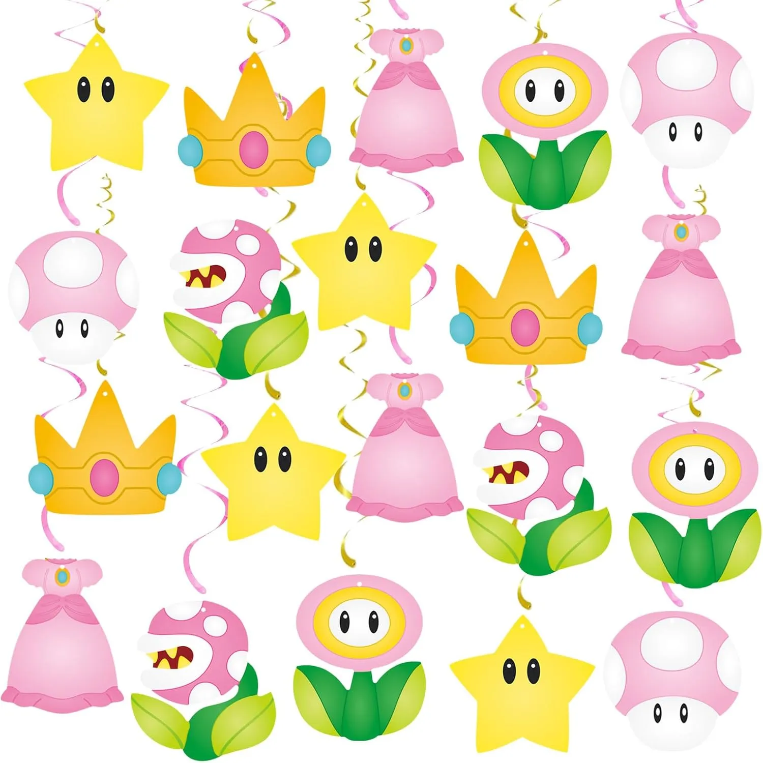 20pc Princess Peach Hanging Swirls, Pink/Yellow Cartoon Ceiling Streamers for Girl/Mario Party & Baby Shower Decor
