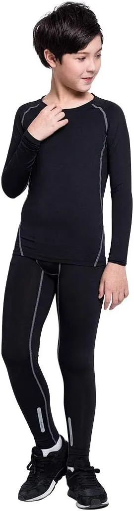 2/3/4 Pcs Boys Girls Base Layer Athletic Compression Leggings and Shirts Thermal Underwear Set Running Pants Tights