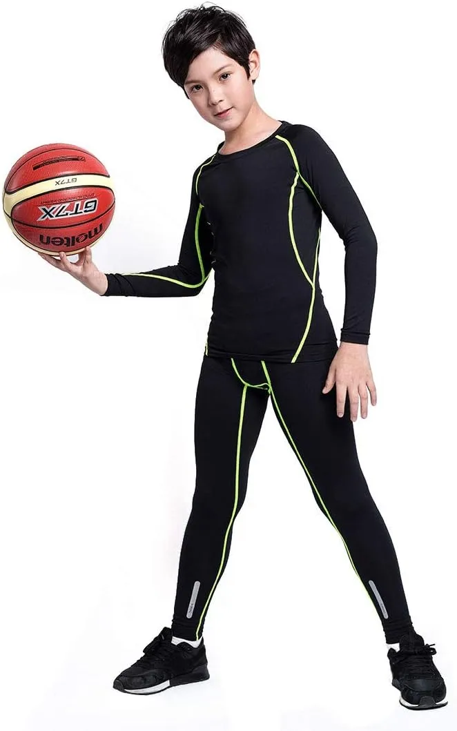 2/3/4 Pcs Boys Girls Base Layer Athletic Compression Leggings and Shirts Thermal Underwear Set Running Pants Tights