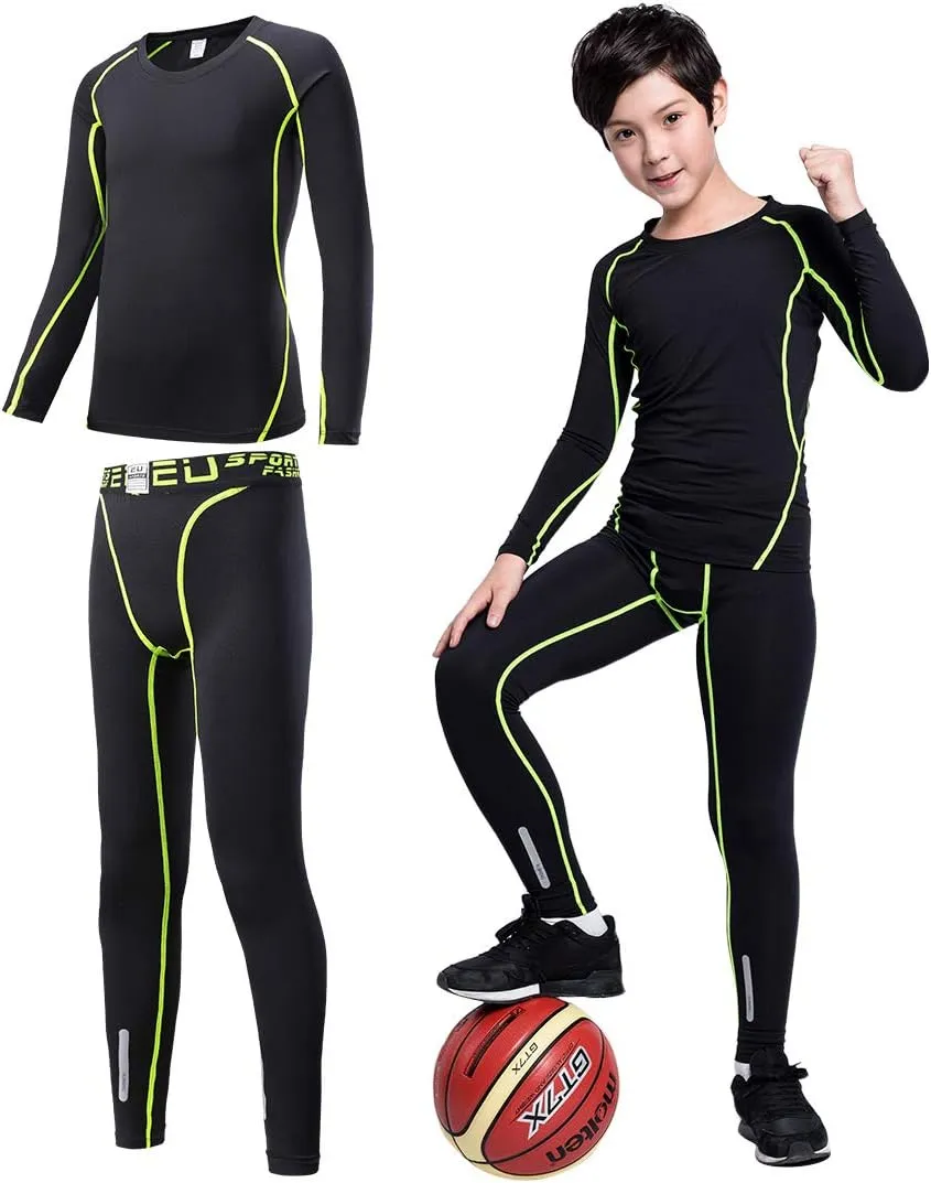 2/3/4 Pcs Boys Girls Base Layer Athletic Compression Leggings and Shirts Thermal Underwear Set Running Pants Tights
