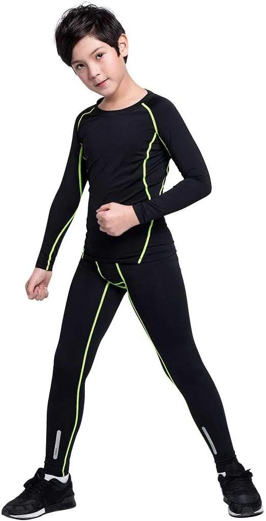 2/3/4 Pcs Boys Girls Base Layer Athletic Compression Leggings and Shirts Thermal Underwear Set Running Pants Tights