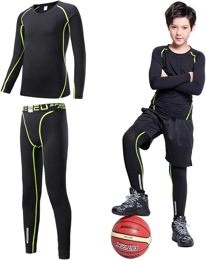 2/3/4 Pcs Boys Girls Base Layer Athletic Compression Leggings and Shirts Thermal Underwear Set Running Pants Tights