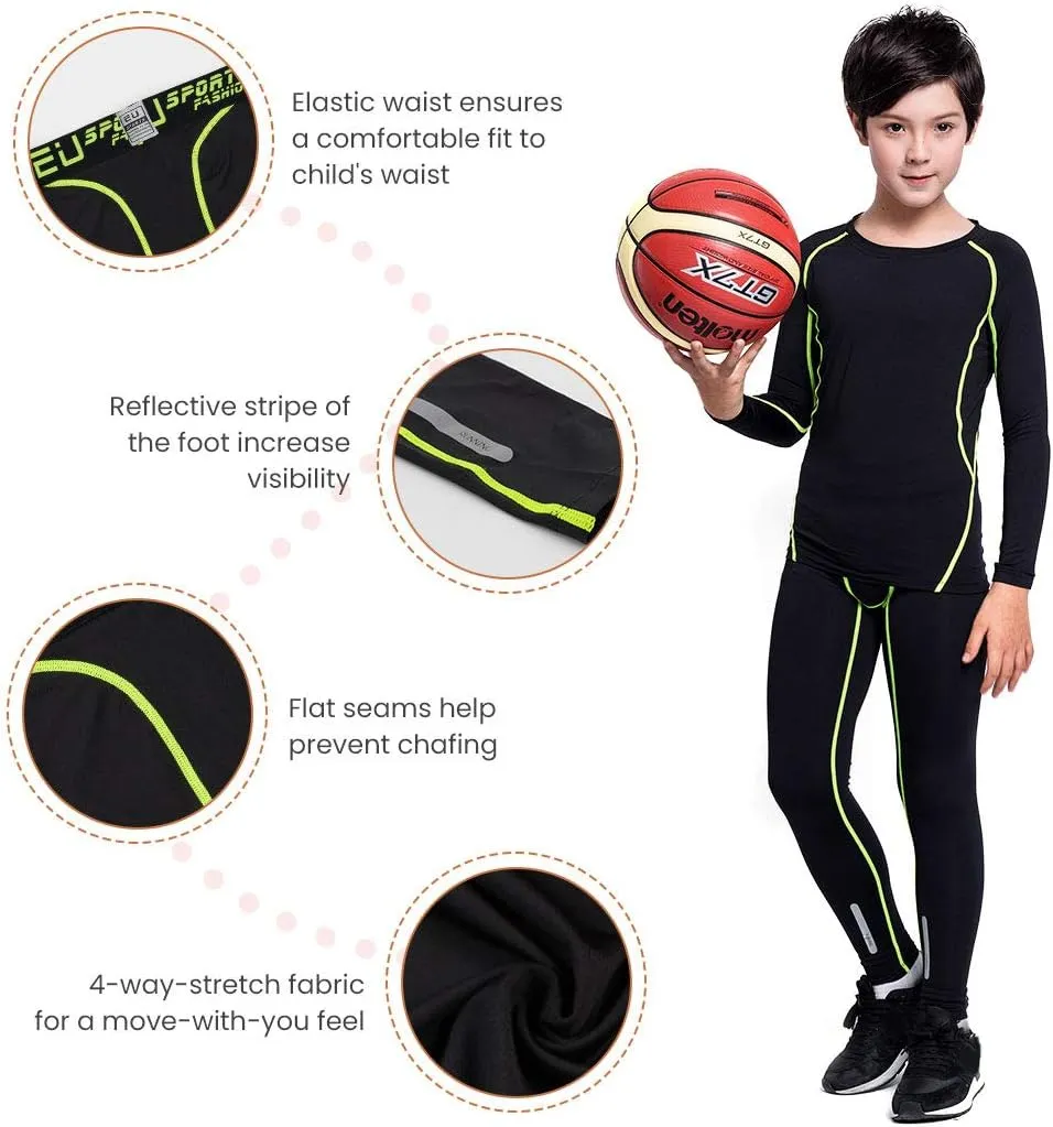 2/3/4 Pcs Boys Girls Base Layer Athletic Compression Leggings and Shirts Thermal Underwear Set Running Pants Tights