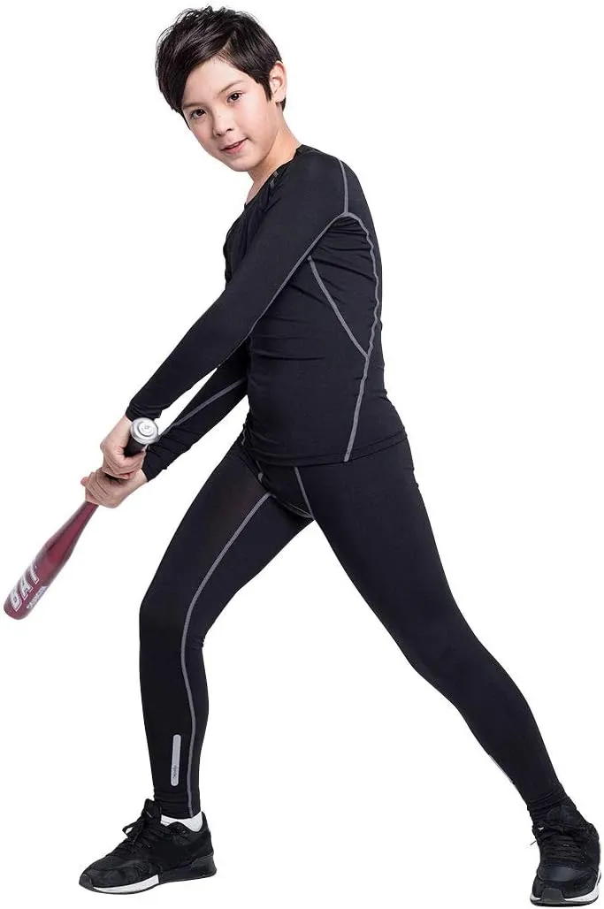 2/3/4 Pcs Boys Girls Base Layer Athletic Compression Leggings and Shirts Thermal Underwear Set Running Pants Tights