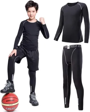 2/3/4 Pcs Boys Girls Base Layer Athletic Compression Leggings and Shirts Thermal Underwear Set Running Pants Tights