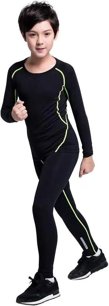 2/3/4 Pcs Boys Girls Base Layer Athletic Compression Leggings and Shirts Thermal Underwear Set Running Pants Tights
