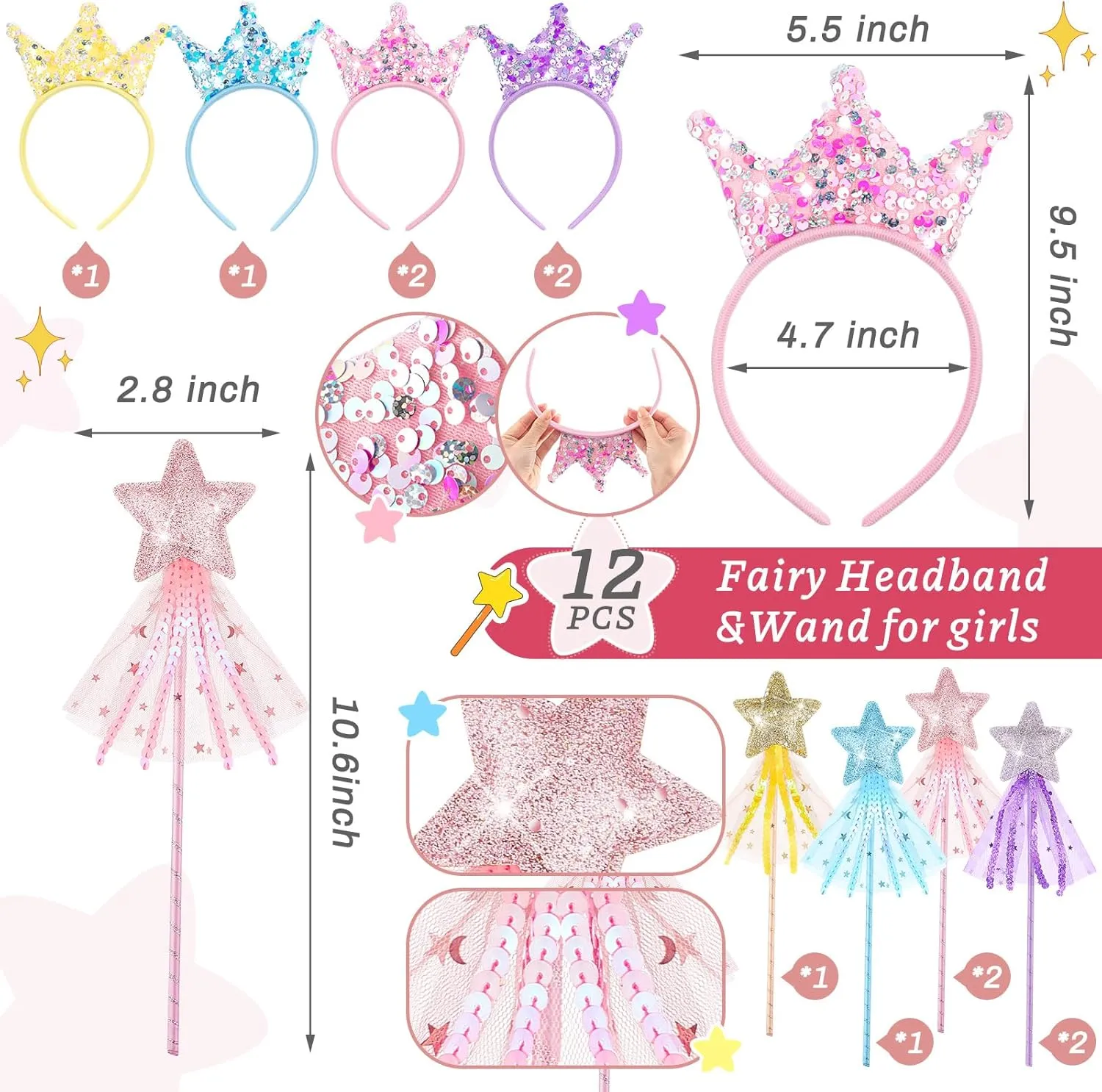 24 Pcs Princess Wands Party Favors Glitter Star Fairy Wands Sequin Princess Crown Headbands for Girls Birthday Party Gifts